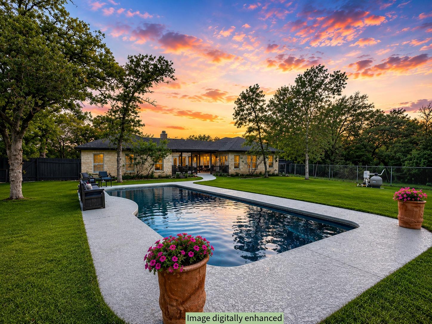 An inviting swimming pool and ample lawn create a