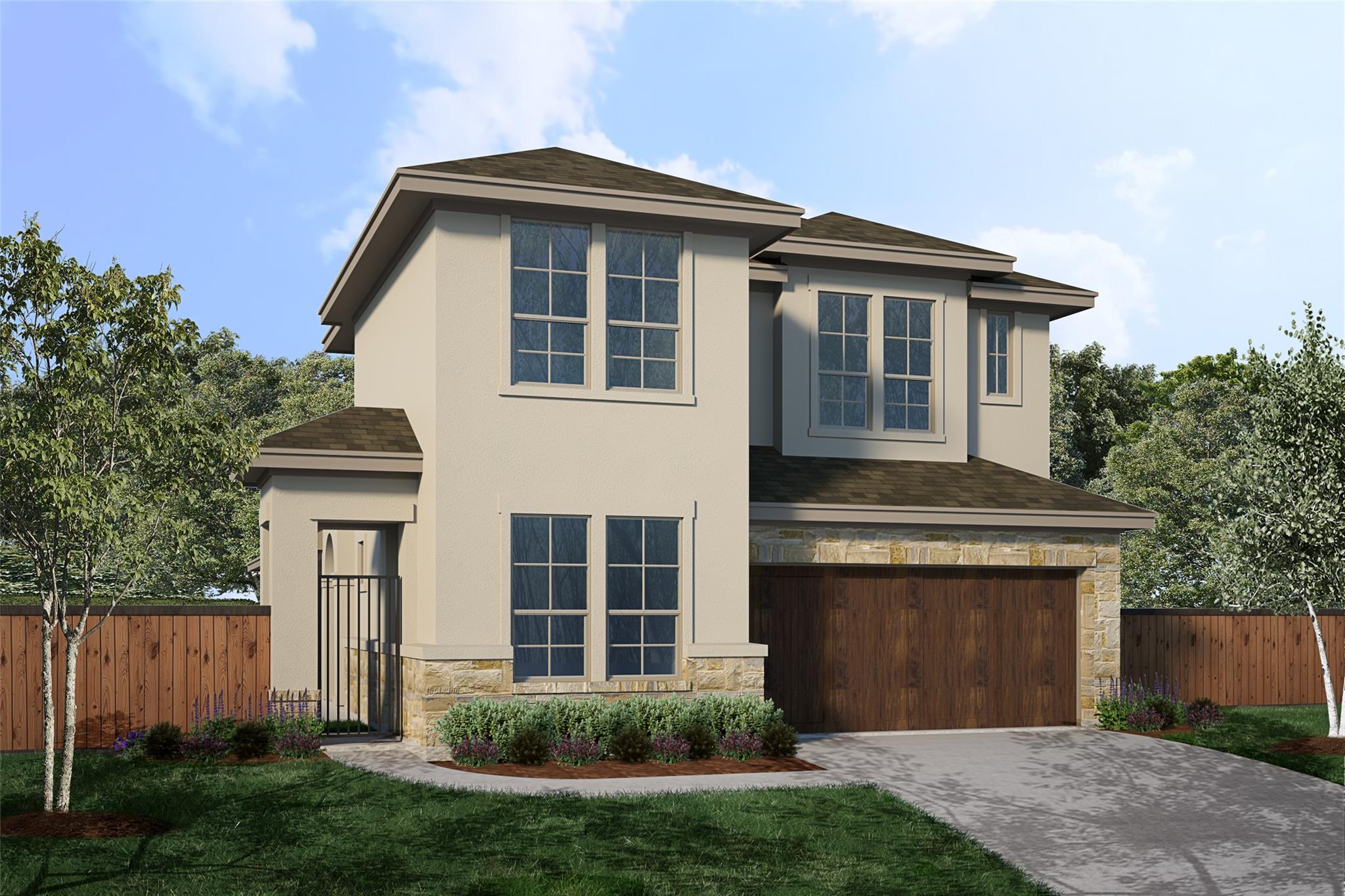 An elegant stucco and stone exterior anchors this