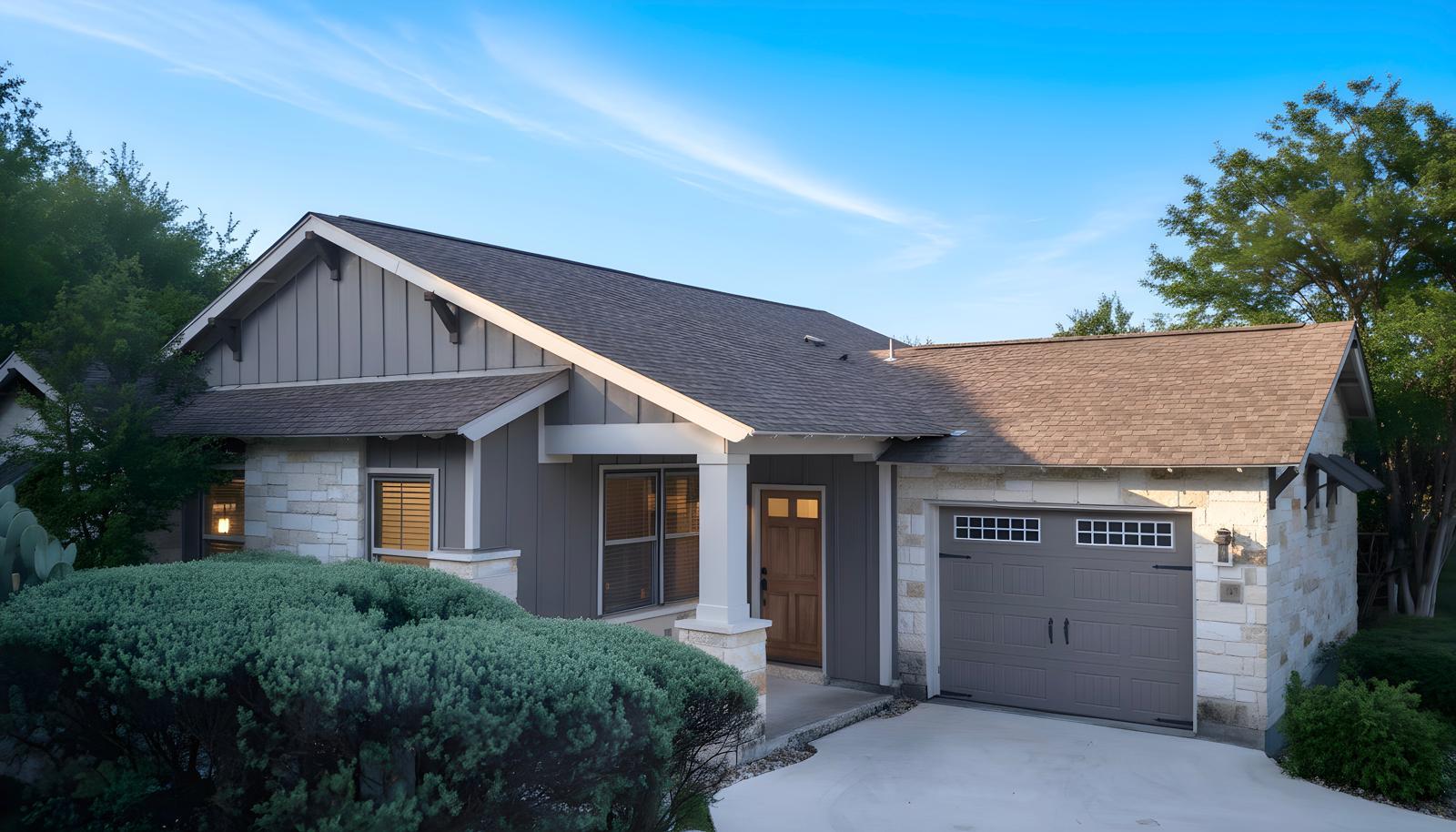 The property features a stone and siding exterior