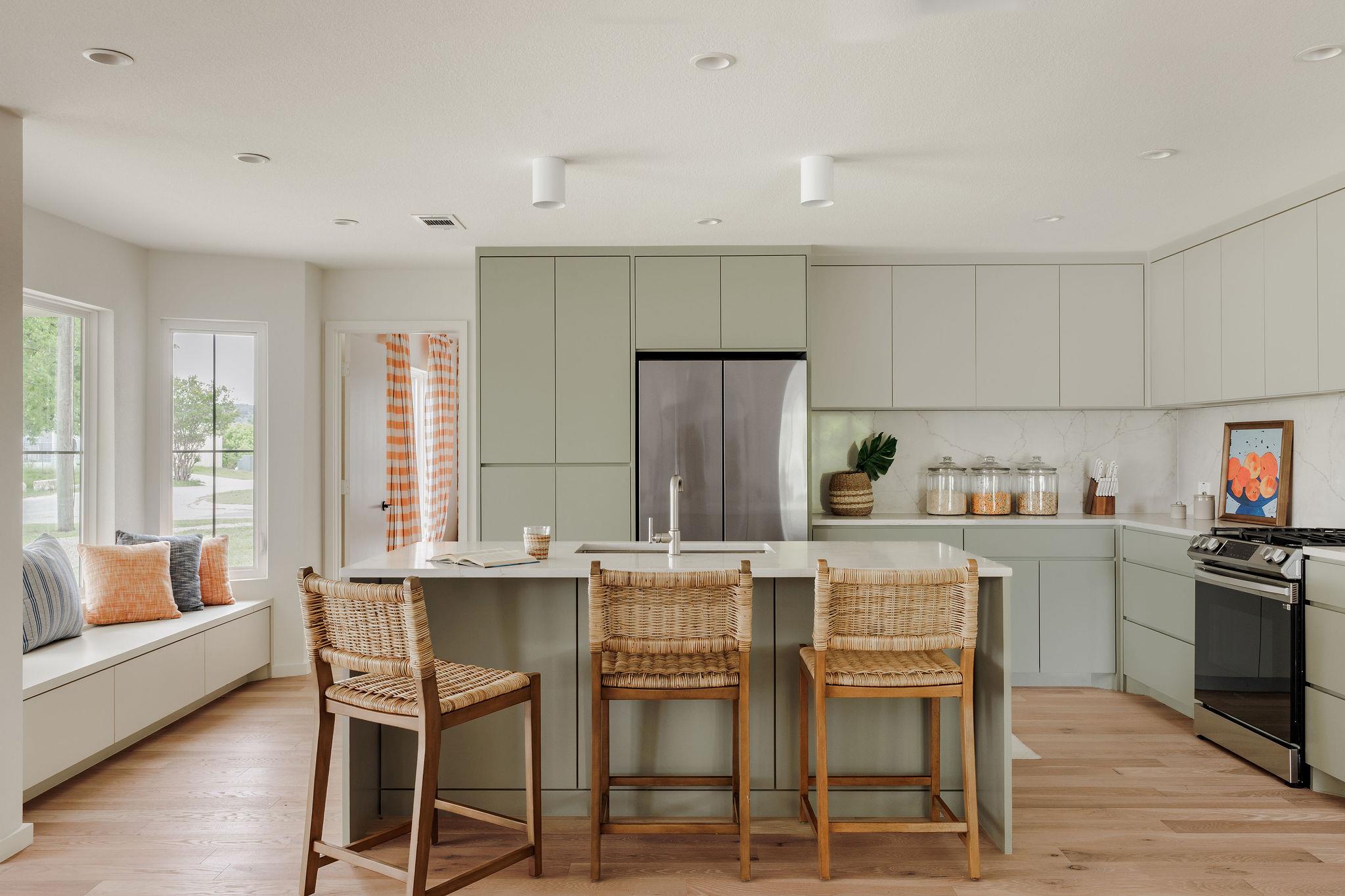 The property features a kitchen with light green 