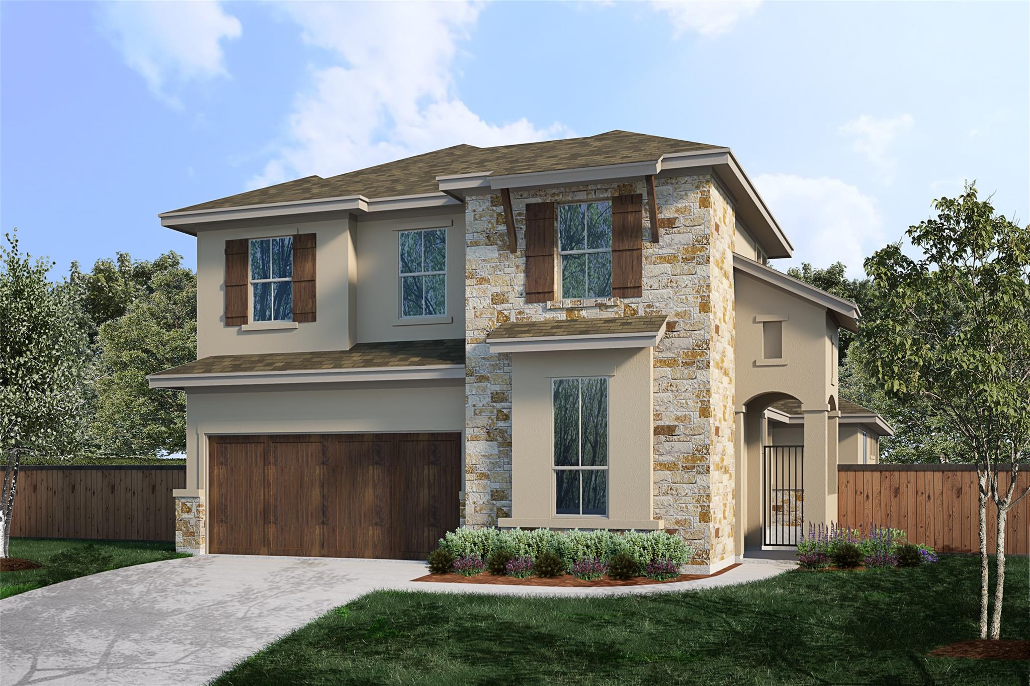 A striking stone and stucco facade frames this tw