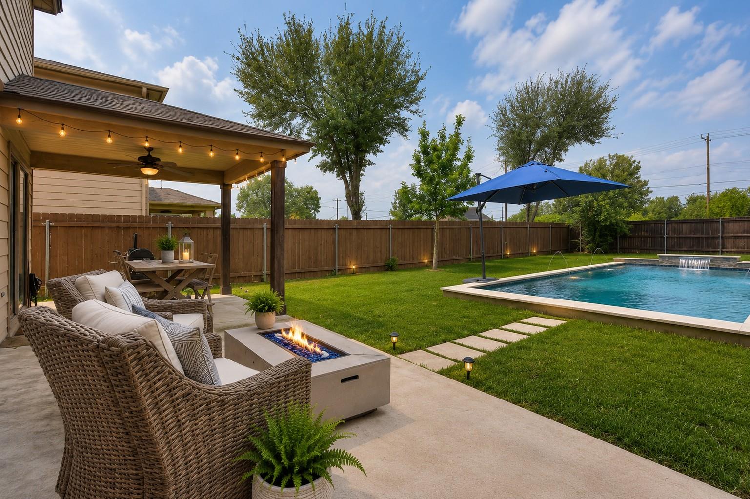 A private backyard oasis features a covered patio