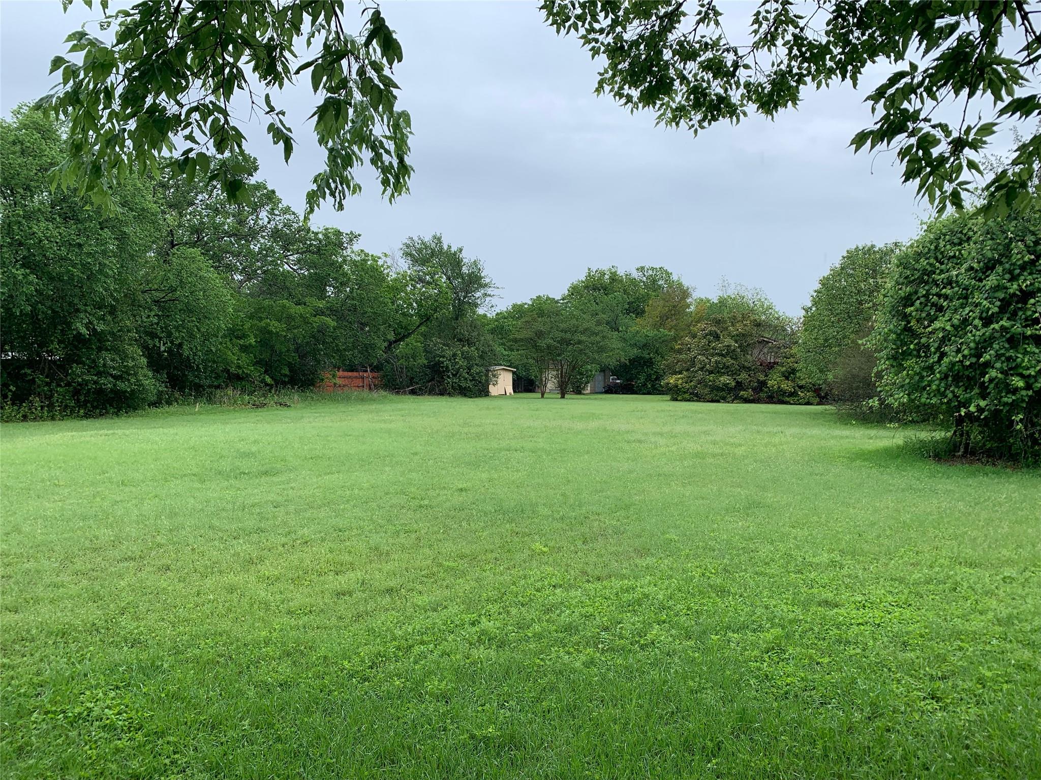 Expansive grassy lot with mature perimeter trees 