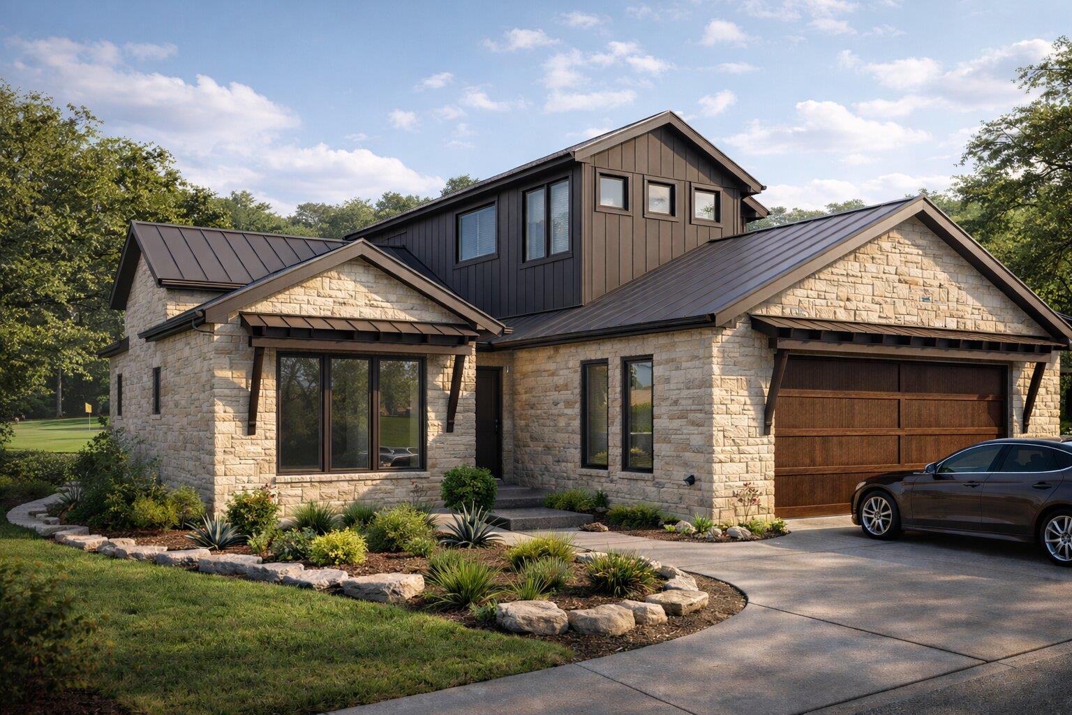 Stone and vertical siding exterior with a dark me