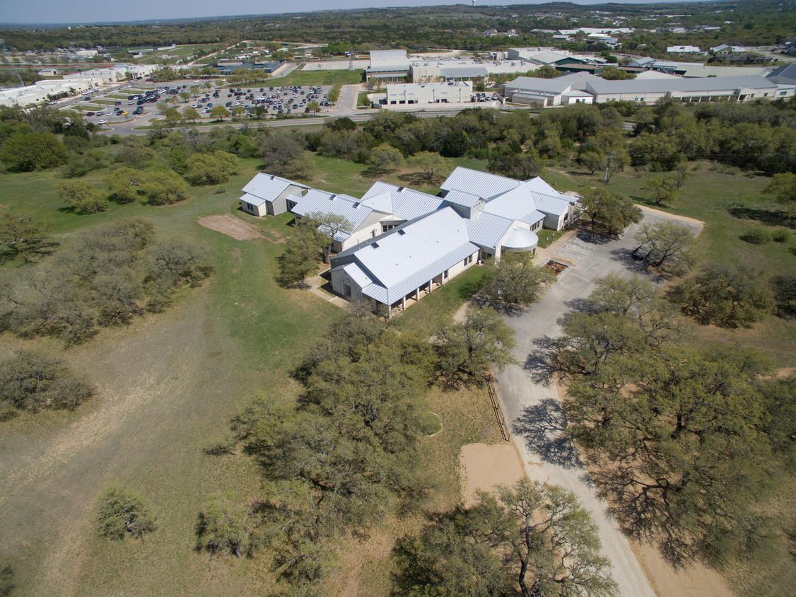 An aerial perspective reveals a private structure
