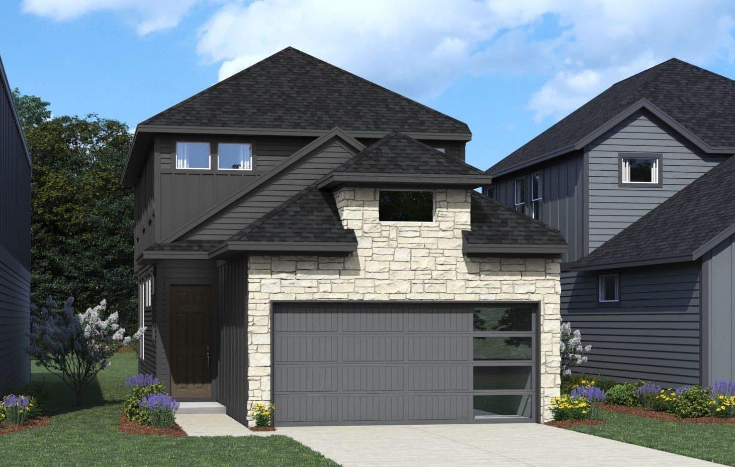 Contemporary exterior featuring stacked stone acc