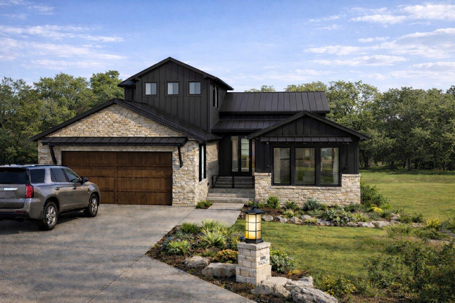 Modern farmhouse exterior featuring black board-a