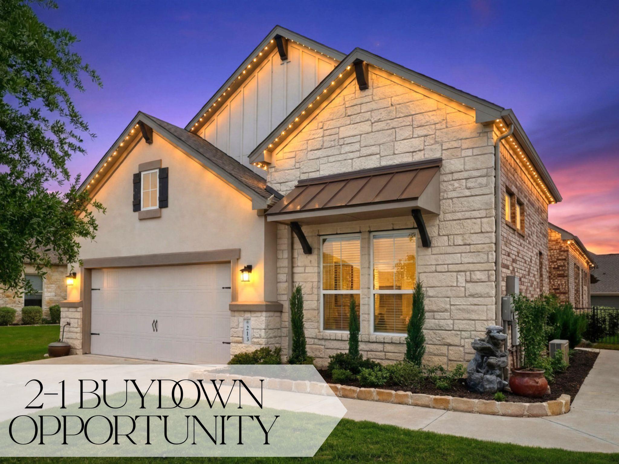 An inviting front facade with stone and stucco el