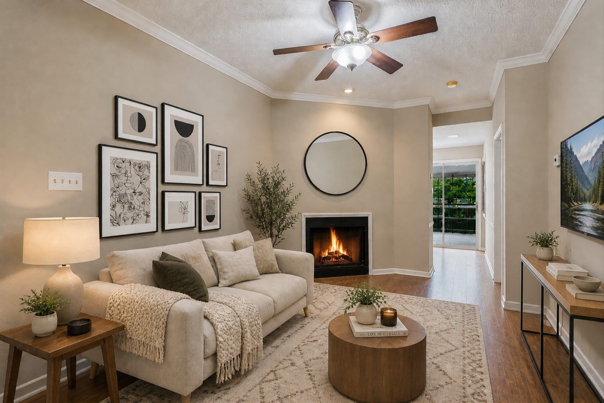 Living area featuring wood-finish flooring, a cei