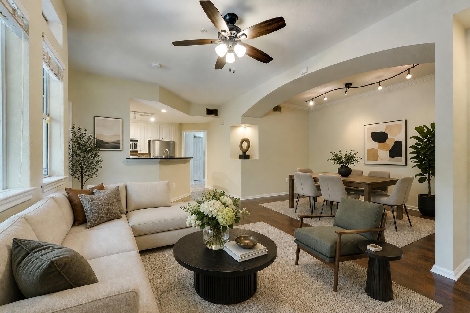 An open floor plan seamlessly connects the living