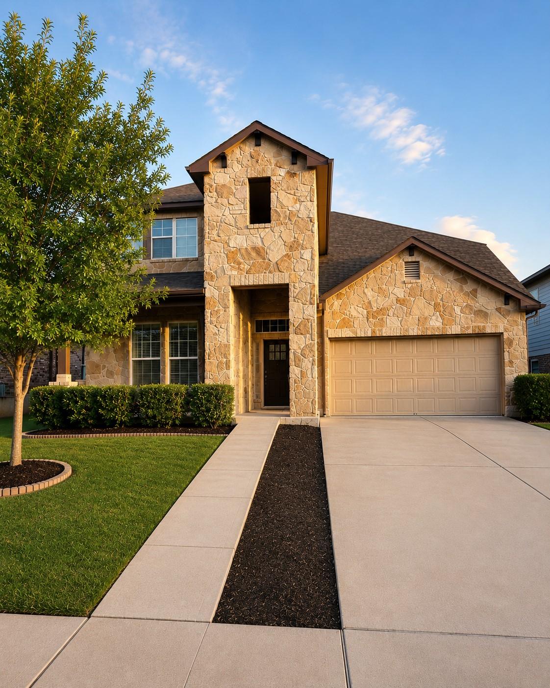 A charming two-story home with a stone facade and