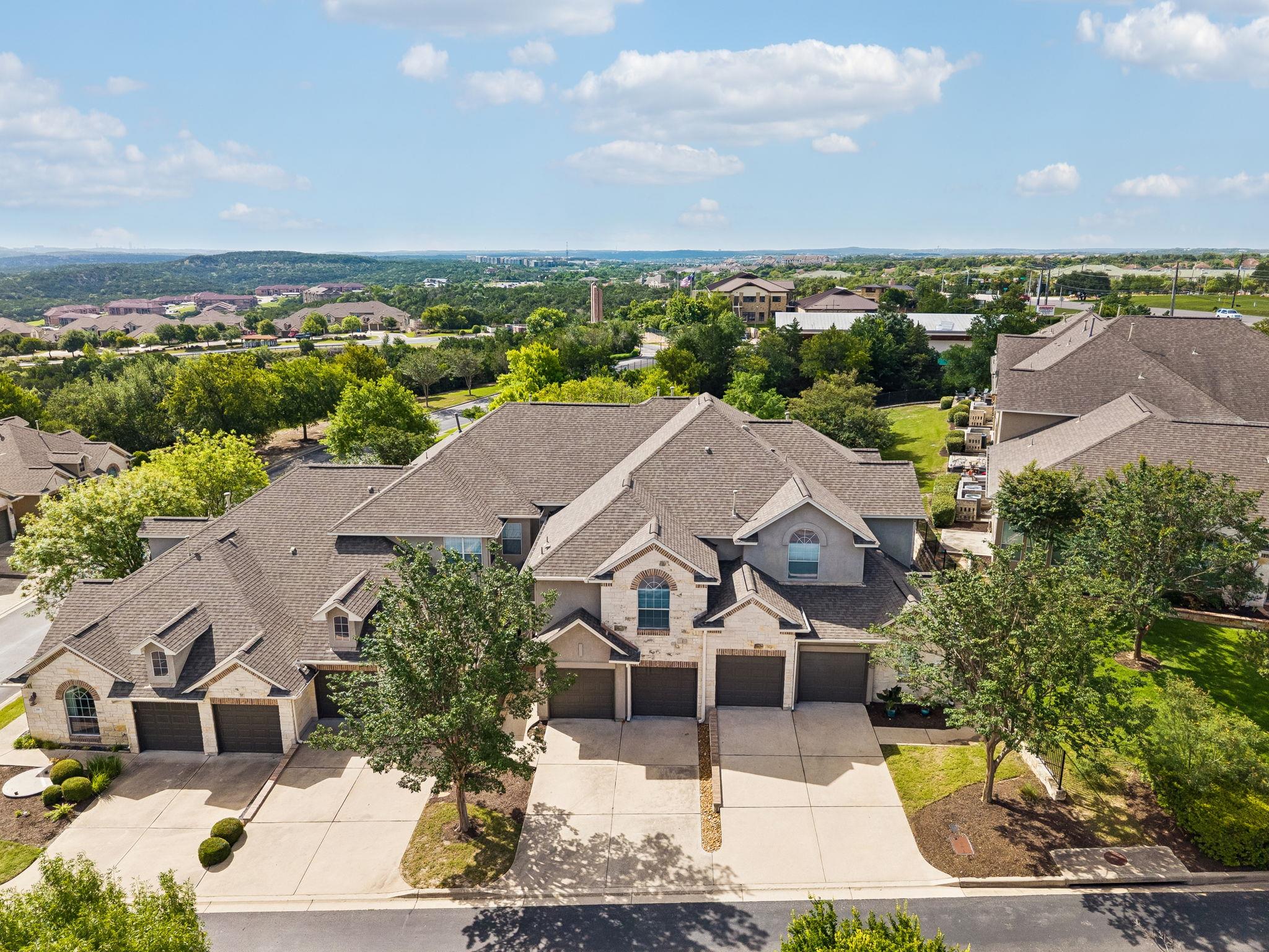 An aerial perspective reveals a residential commu