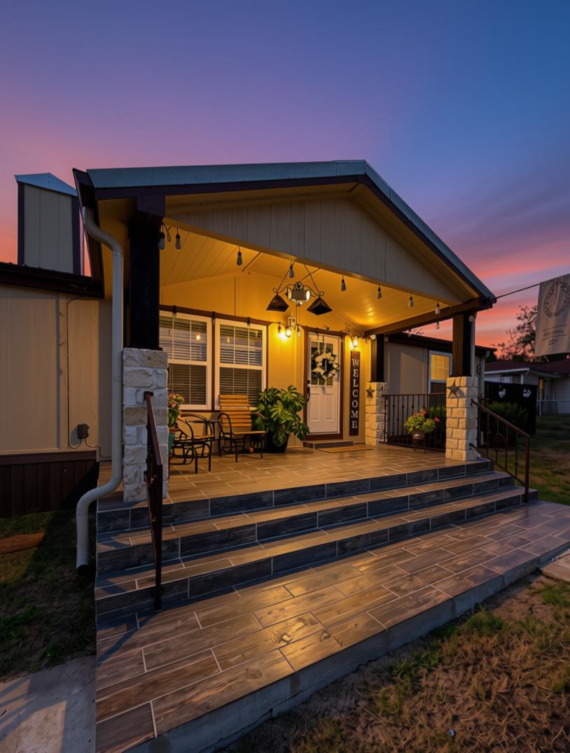 A welcoming front porch with wood-look tile stair