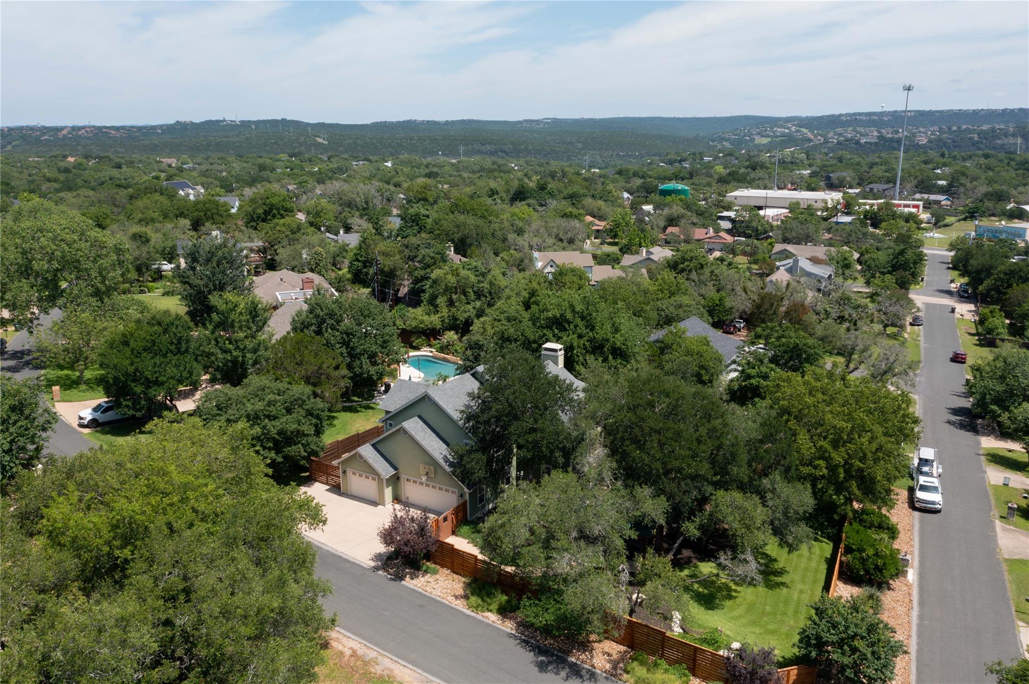 An aerial perspective reveals a private pool oasi