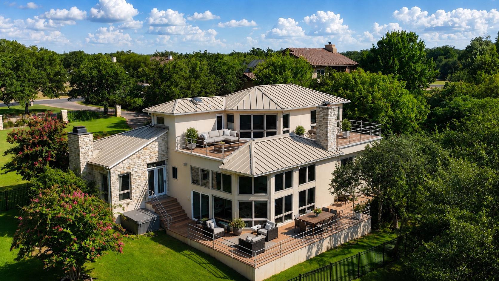 Perched atop a verdant landscape, this striking h