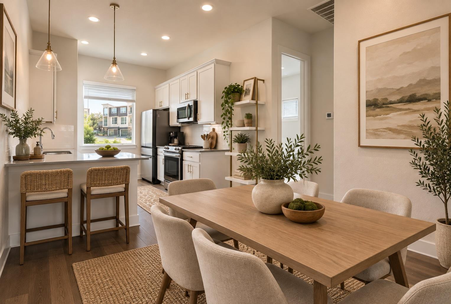 Gleaming hardwood floors and recessed lighting an