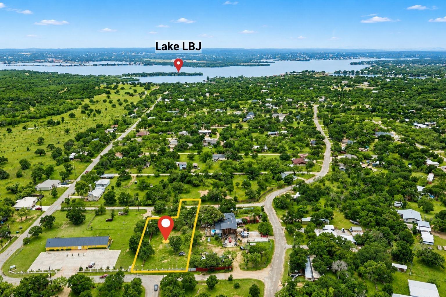 Aerial overview showcasing a property outlined in
