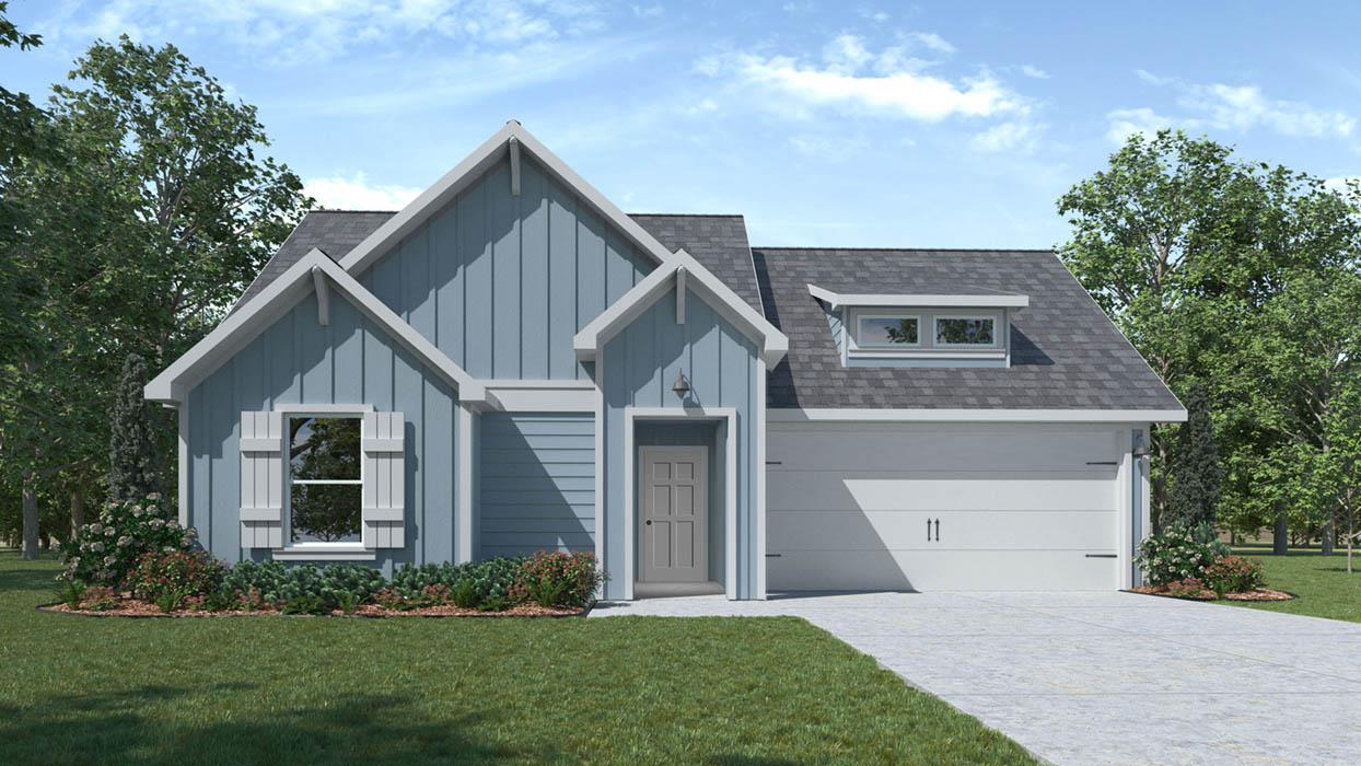 Single-story home featuring light blue vertical a