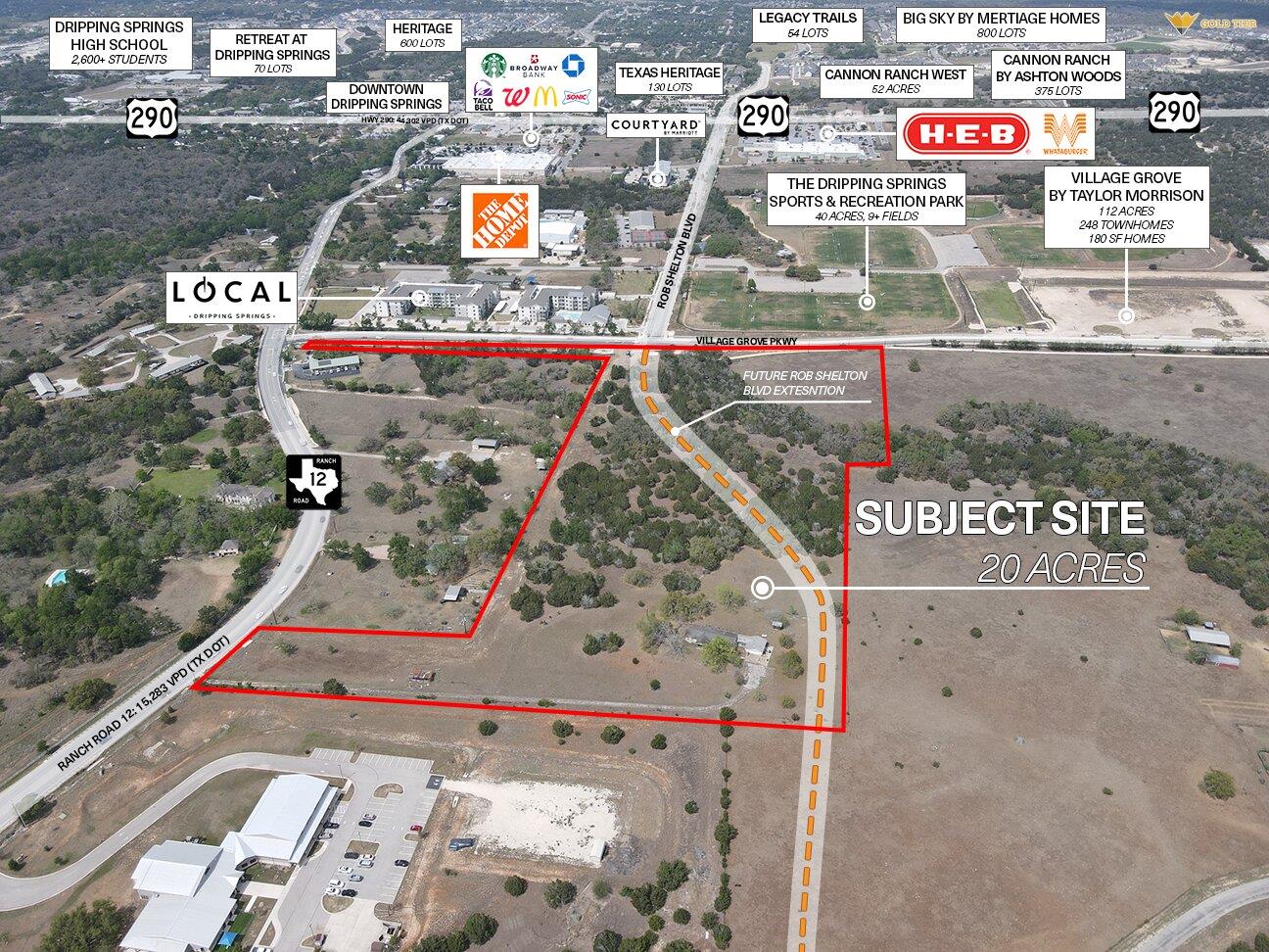 Aerial Site Plan. Depicting a 20-acre subject sit