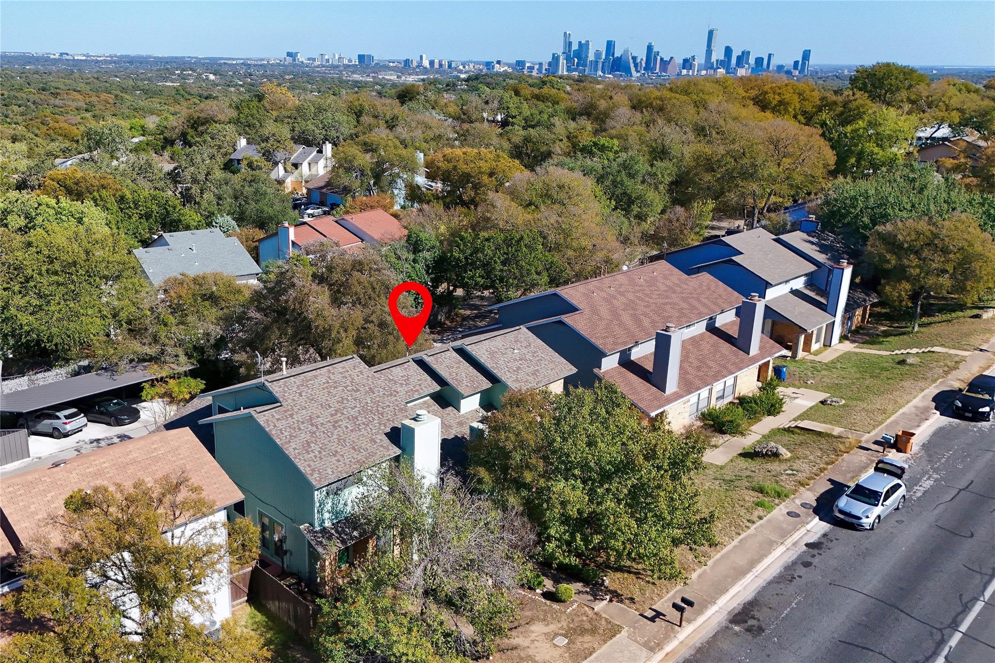 Aerial perspective showcasing the property's exte