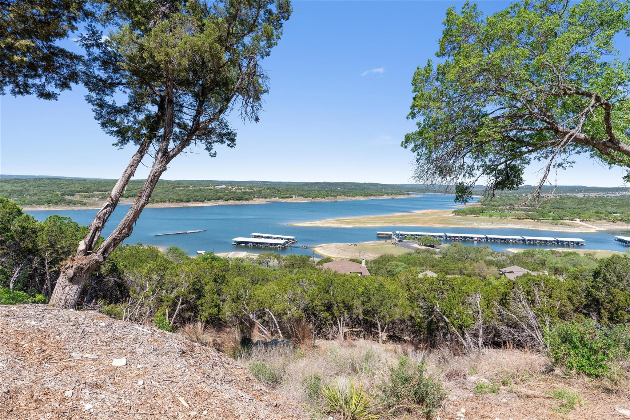 Expansive water frontage with multiple boat docks