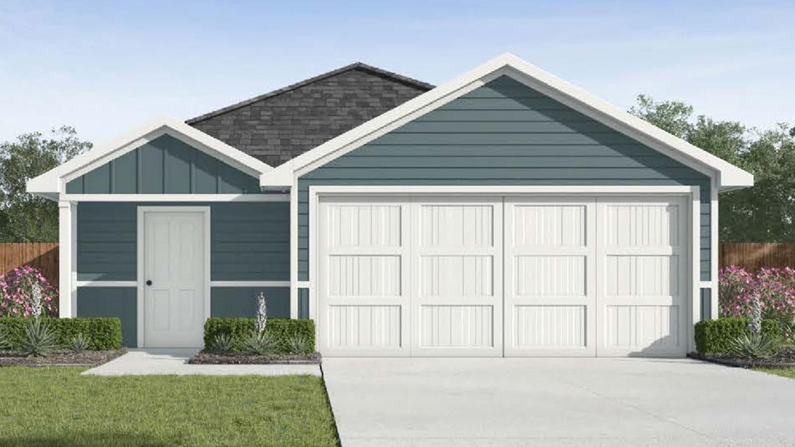 Contemporary home facade featuring dark blue hori