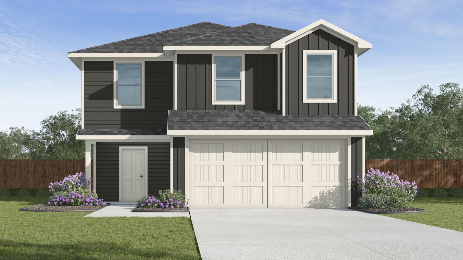 Two-story residence featuring dark siding with wh