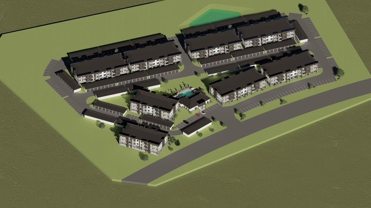 Aerial rendering showcasing a multi-building resi