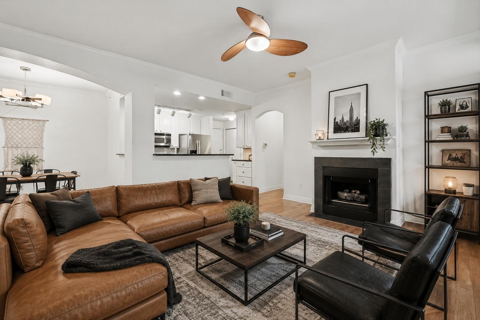A well-appointed living area boasts an inviting f