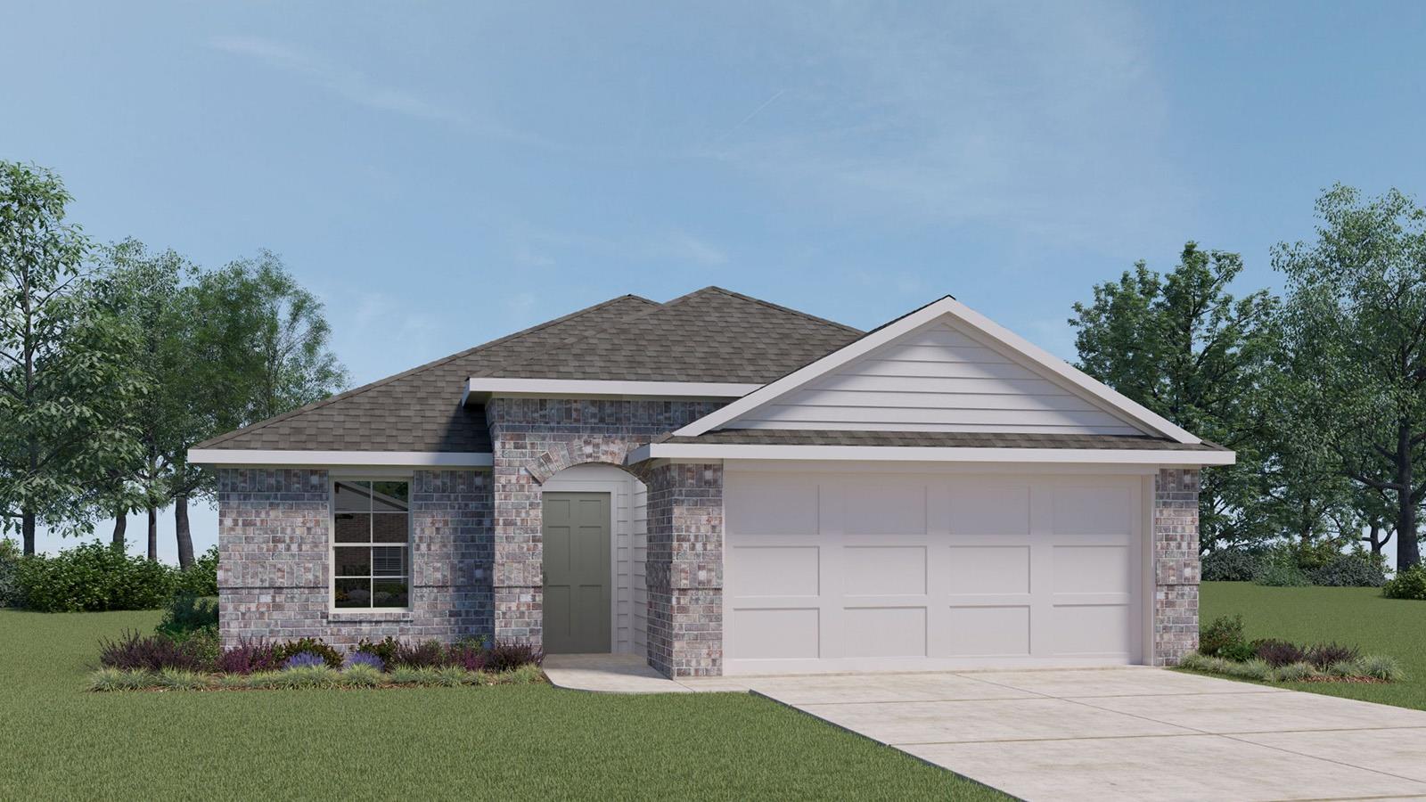 Brick exterior with an arched entry, a two-car ga