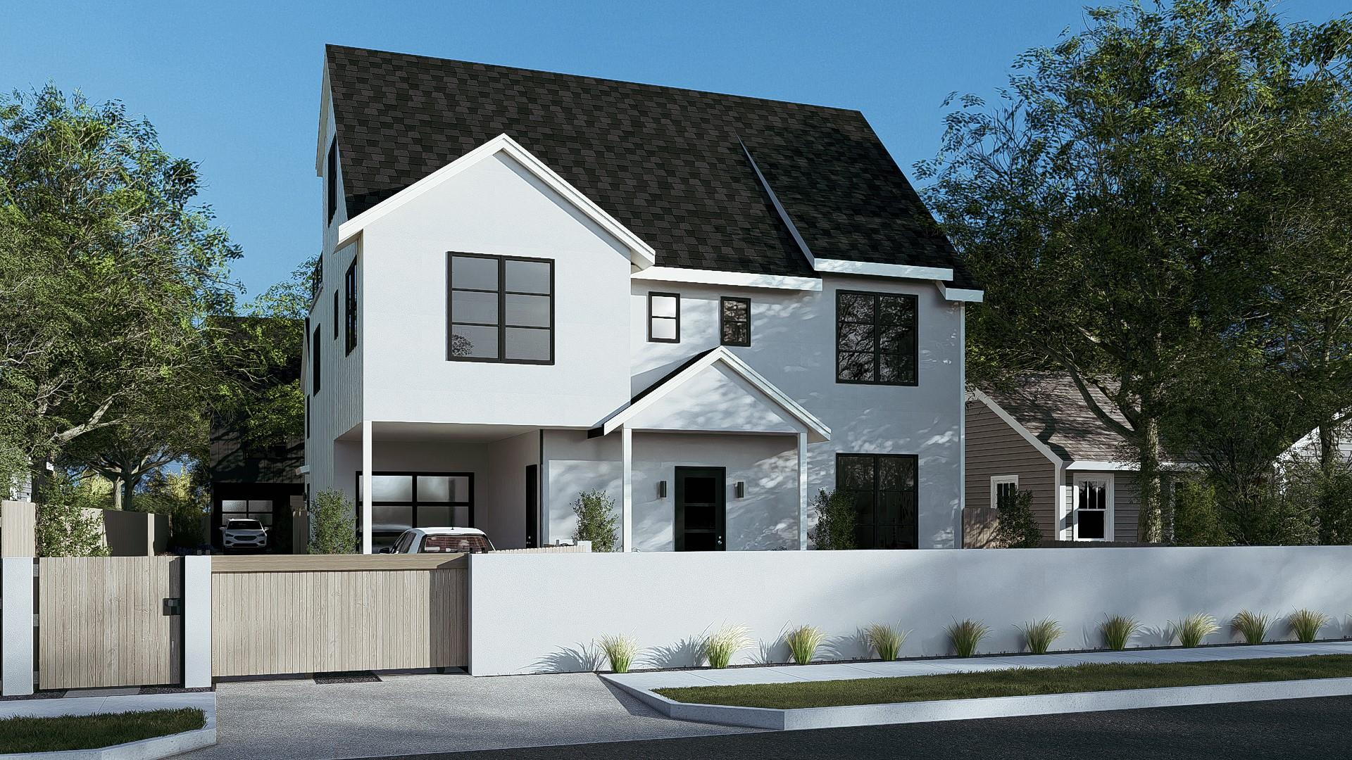 Modern white stucco exterior with a dark shingle 