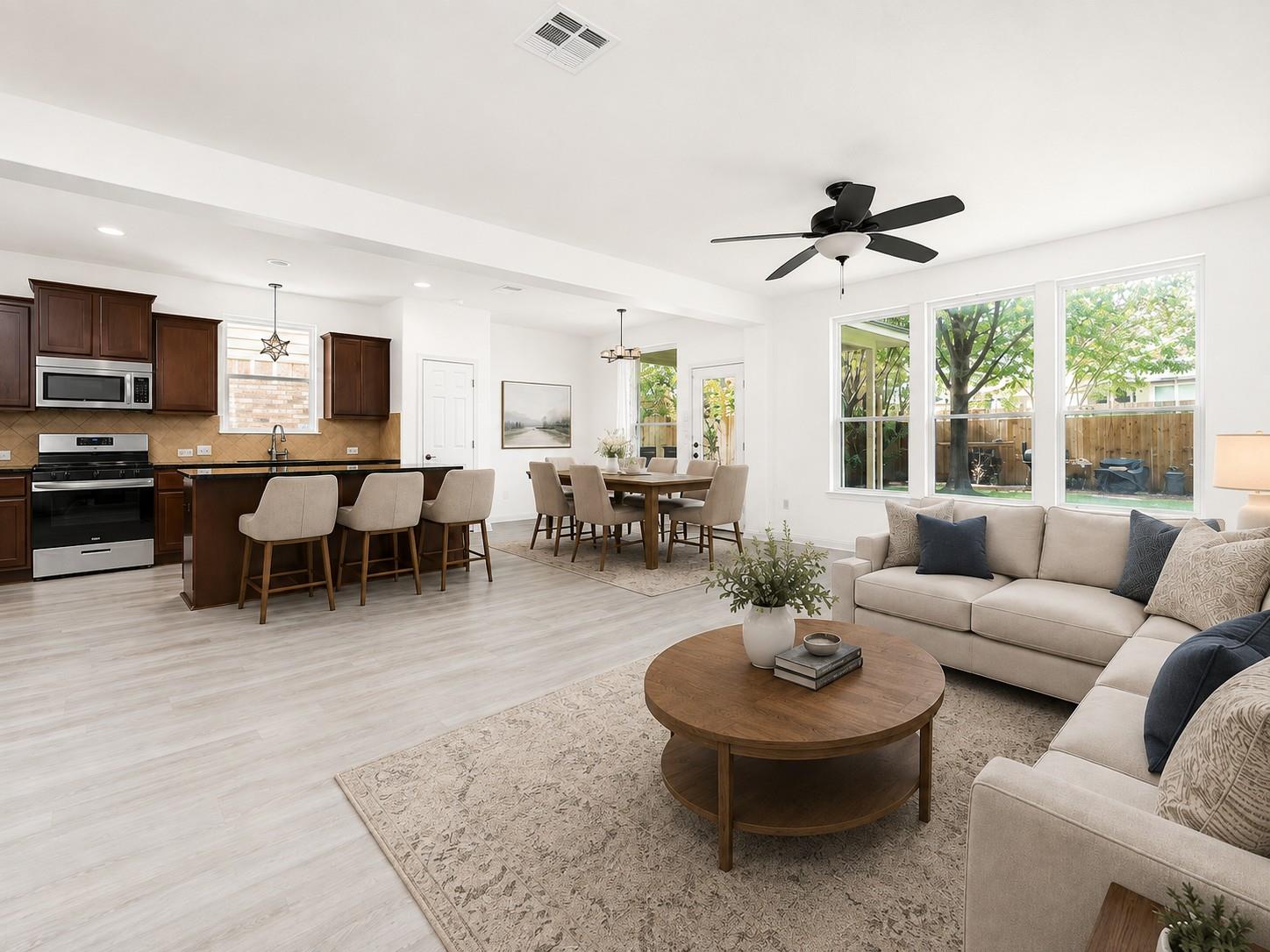 An open-concept living area flows seamlessly into