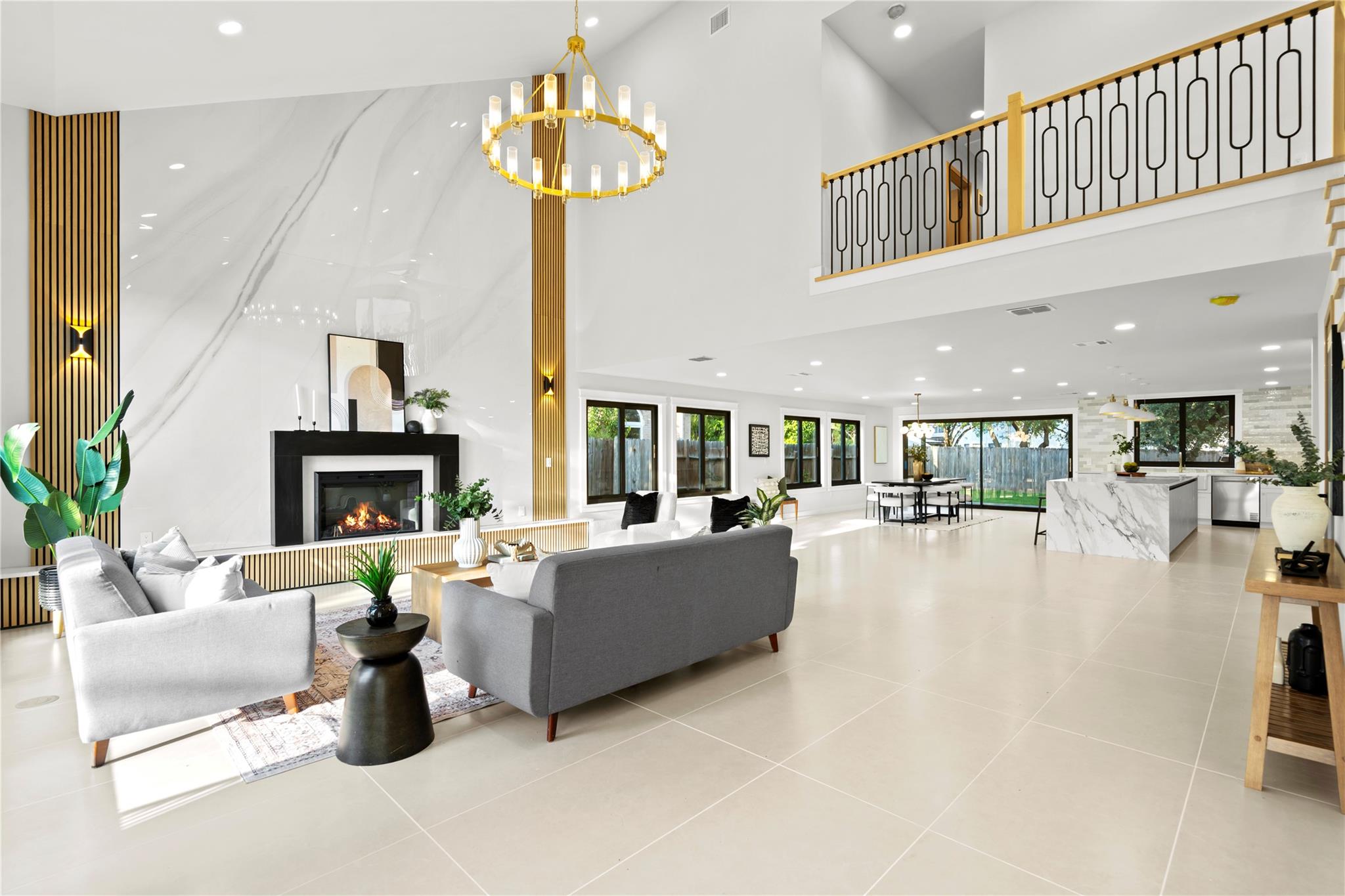 Vaulted ceilings featuring a prominent circular c