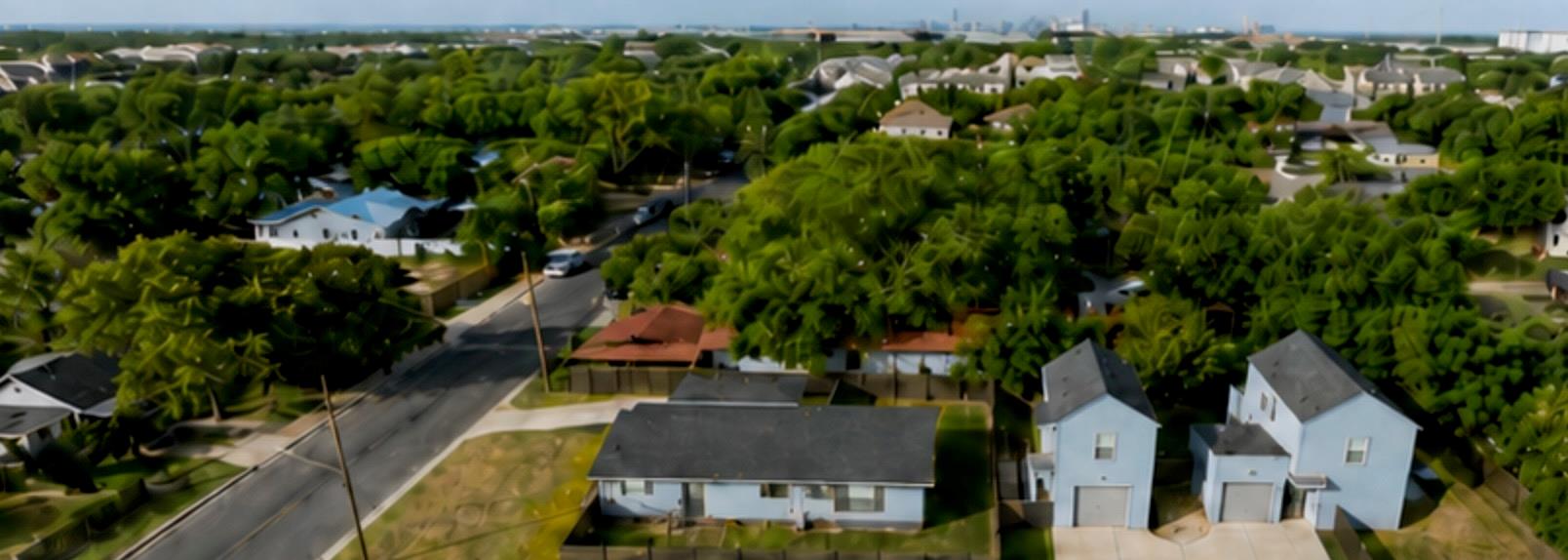 An aerial perspective reveals a tree-lined neighb