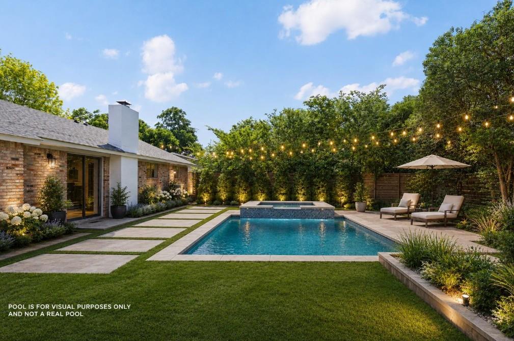 An inviting backyard oasis offers a sparkling poo