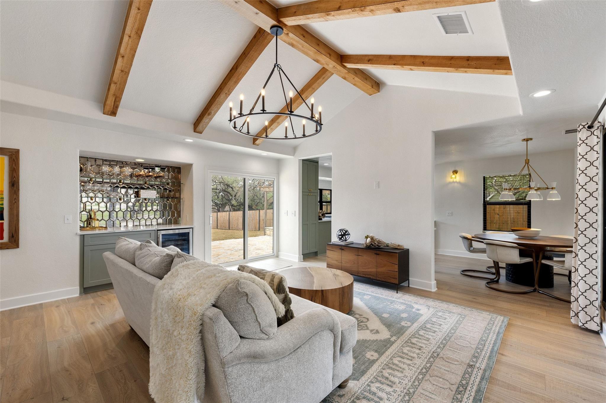 Vaulted ceiling with exposed wood beams