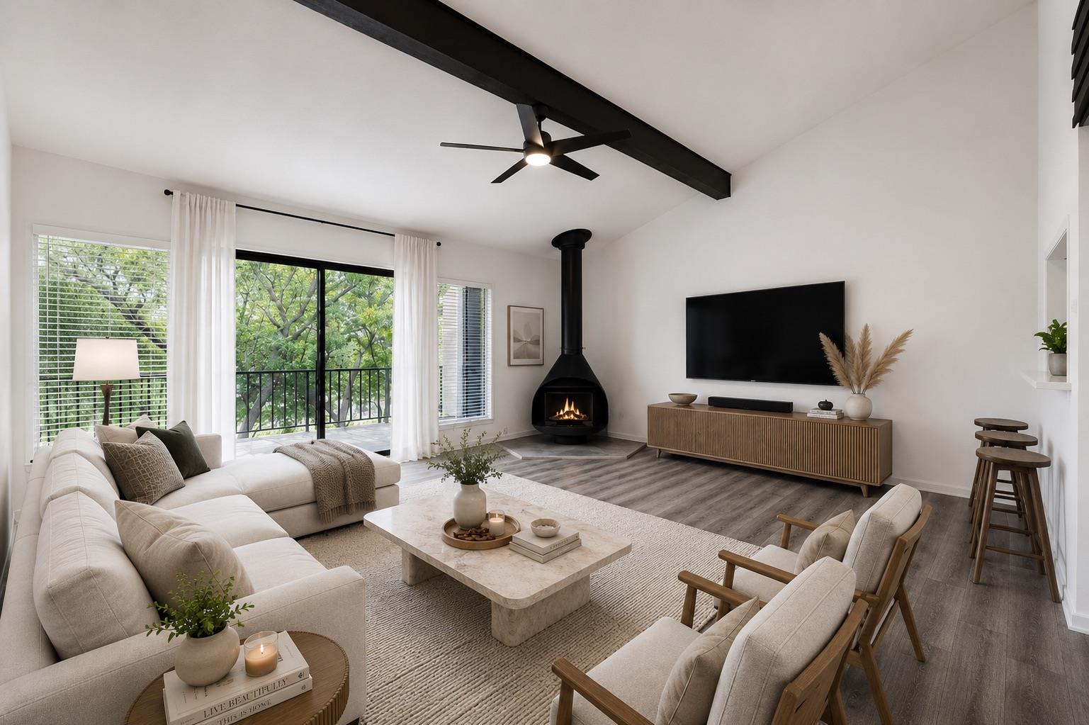 Vaulted ceiling with an exposed beam and ceiling 