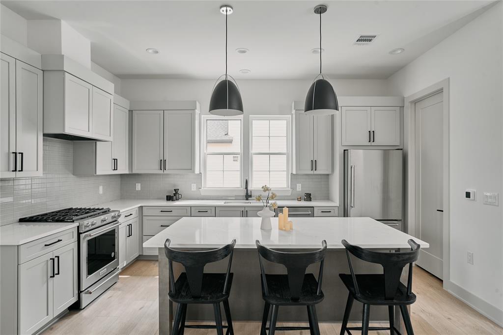 Modern kitchen featuring light gray cabinetry, st