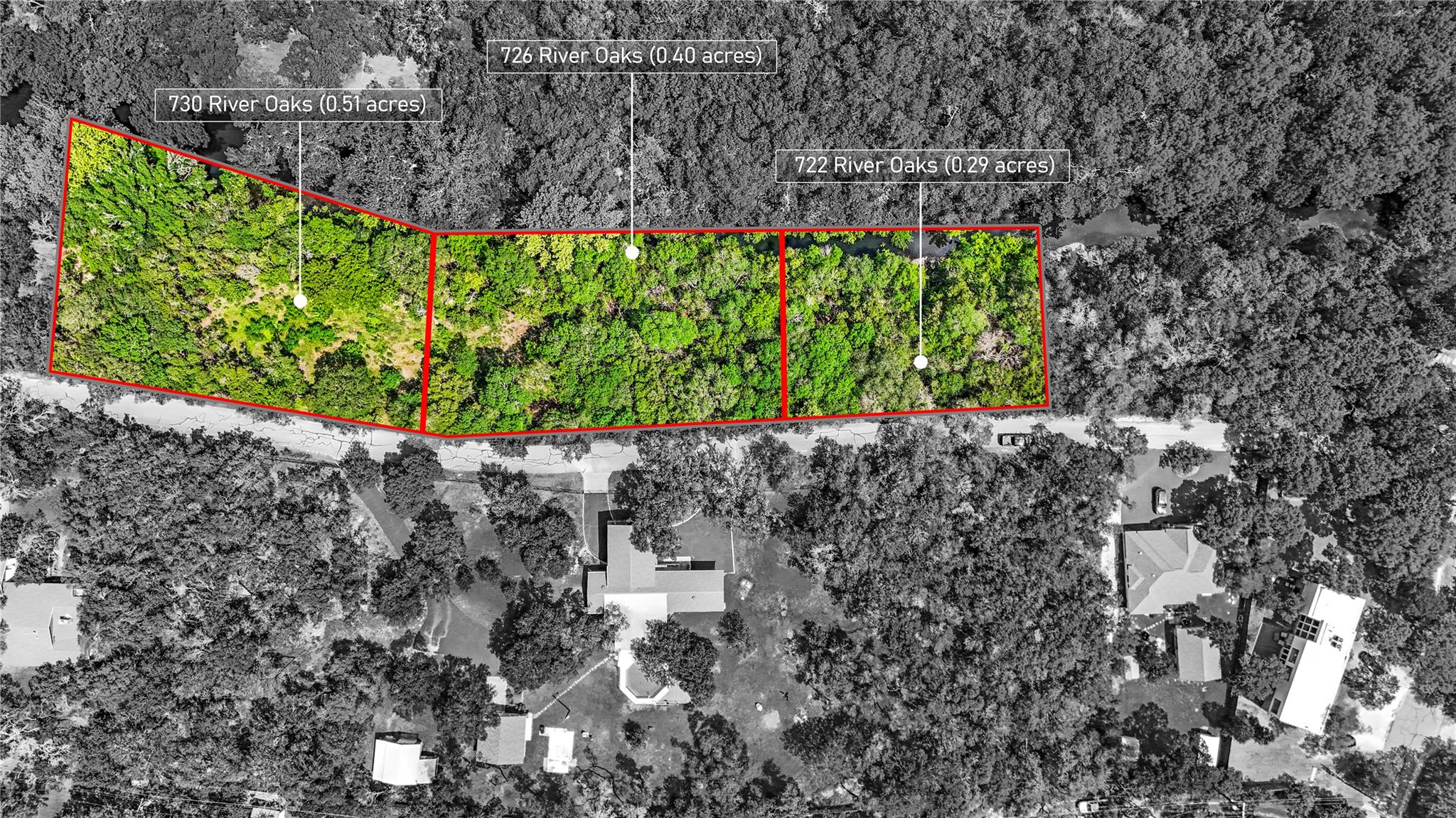 Aerial view showcasing three distinct parcels of 