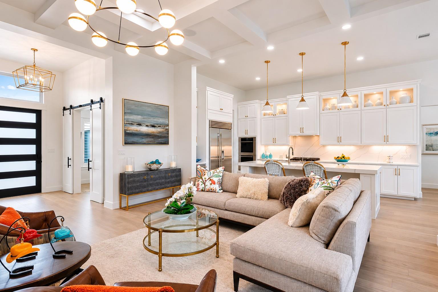 Open-concept living space featuring high ceilings