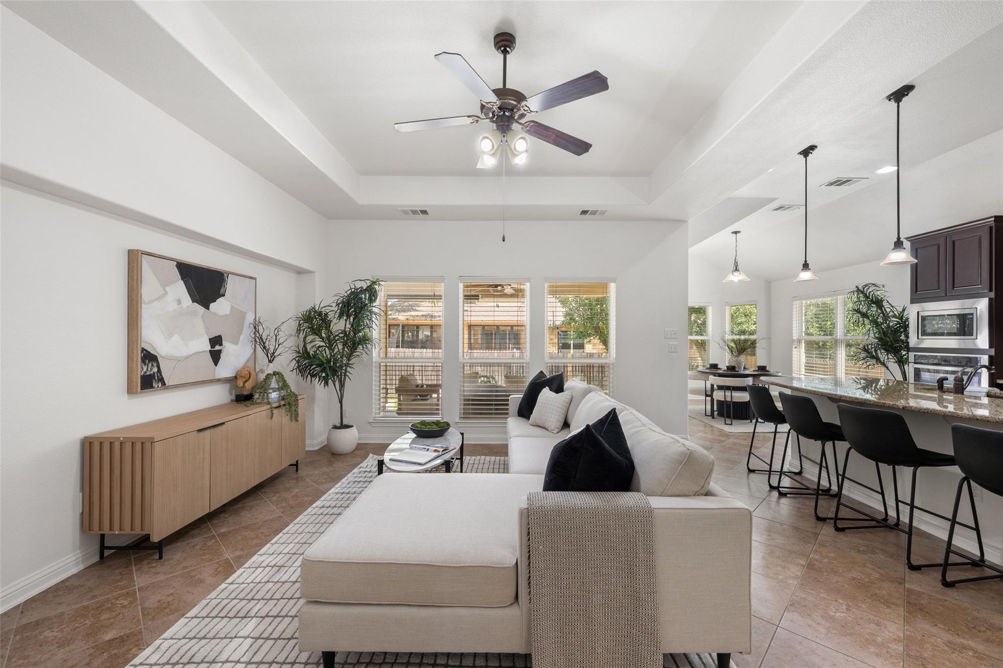 A generous living area with high ceilings and an 