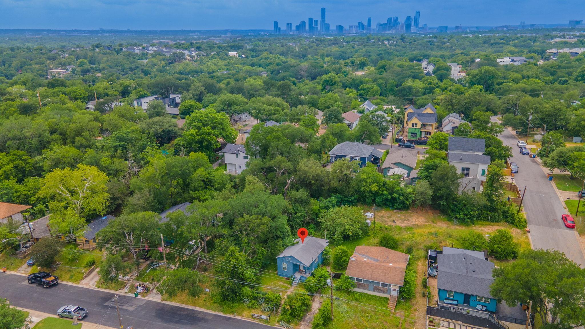 An aerial perspective reveals a vibrant, tree-fil