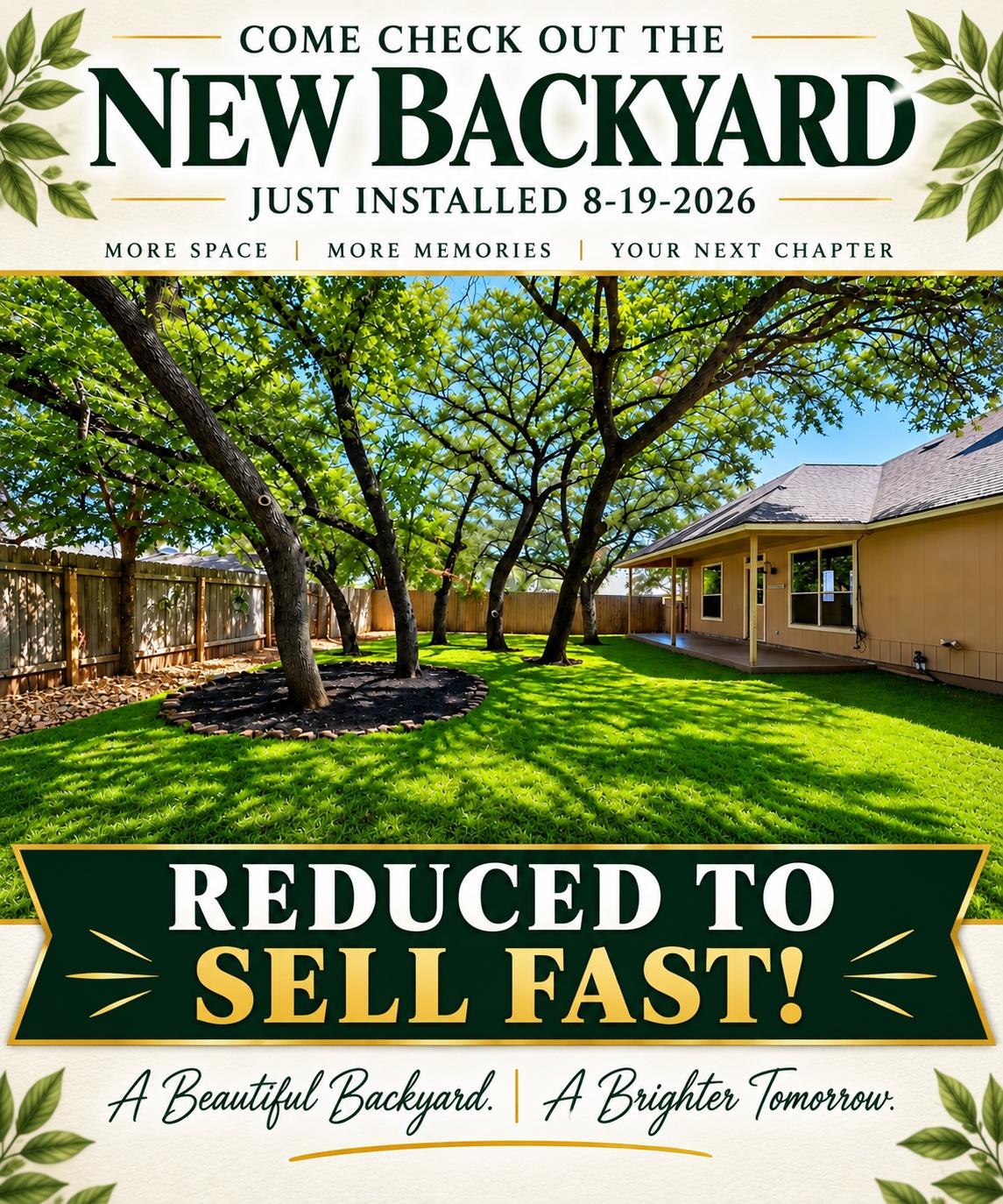 Mature trees shade a spacious green lawn bordered