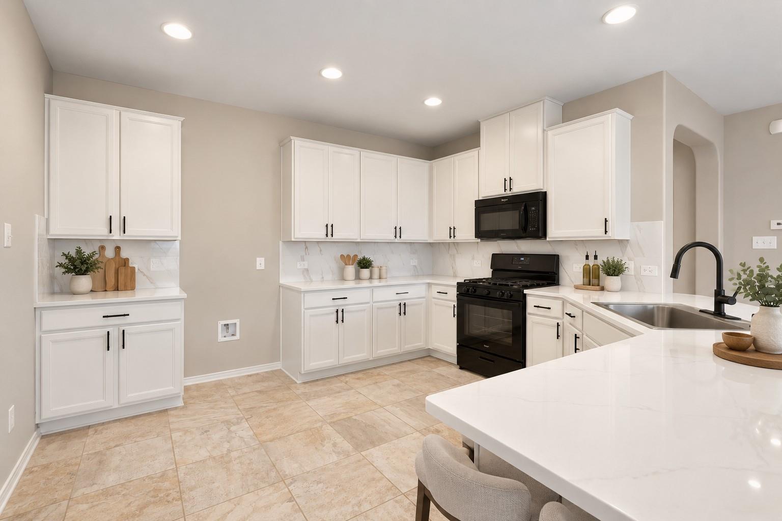 Elegant quartz countertops and tile flooring defi