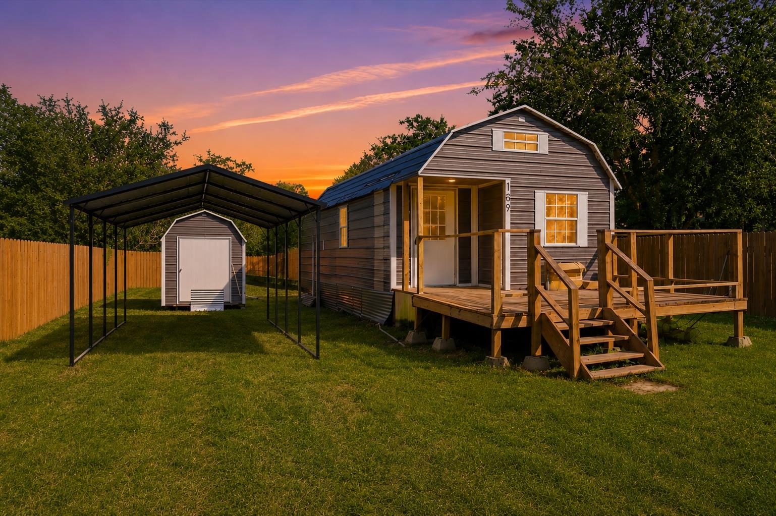 A charming compact home with a cozy front deck, a
