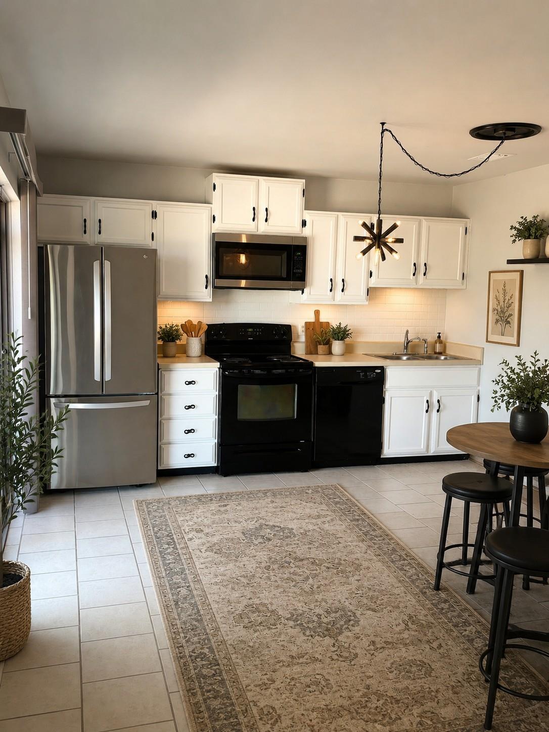 A contemporary kitchen features bright cabinetry 