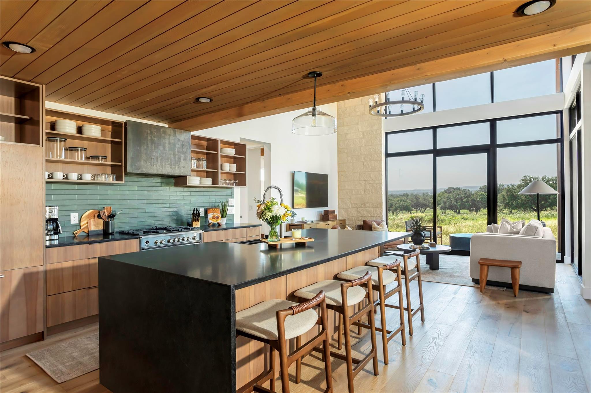 An open-concept living space with a gourmet kitch