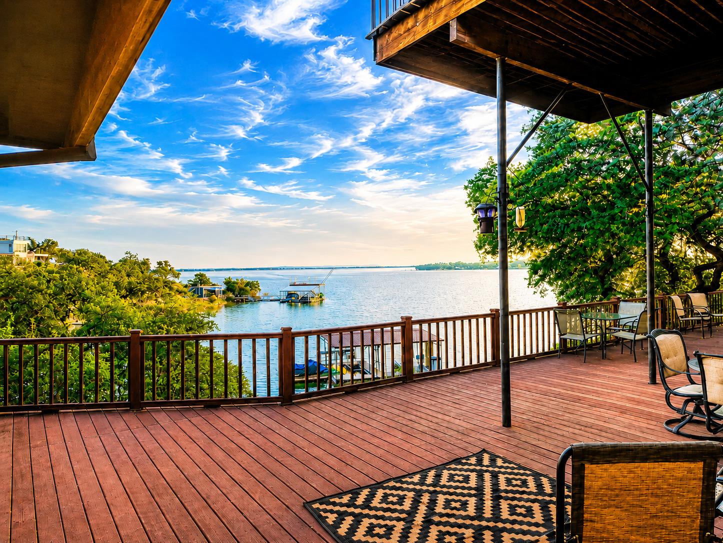 A spacious wooden deck provides inspiring views o