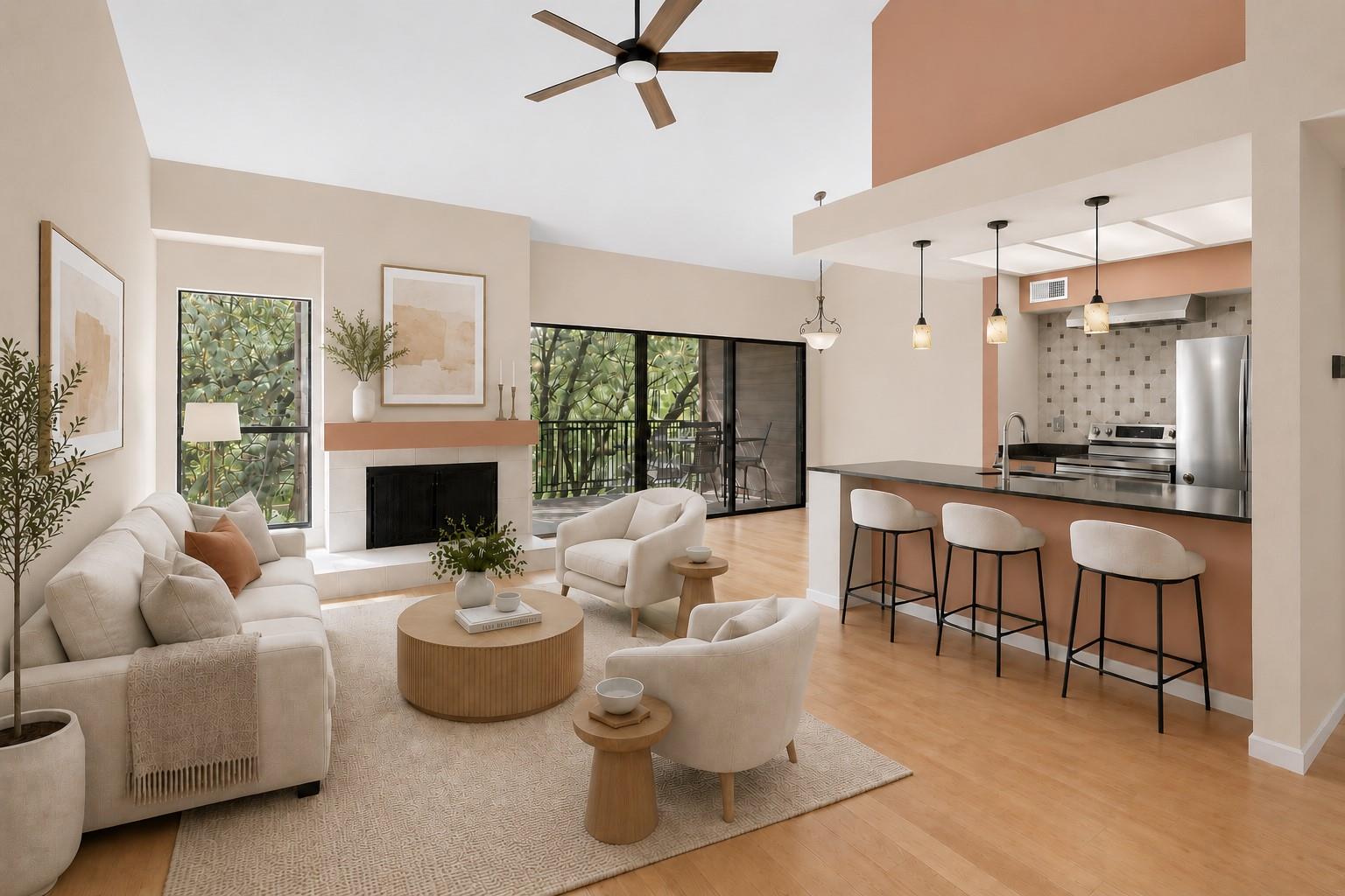 A combined living and kitchen area features warm 