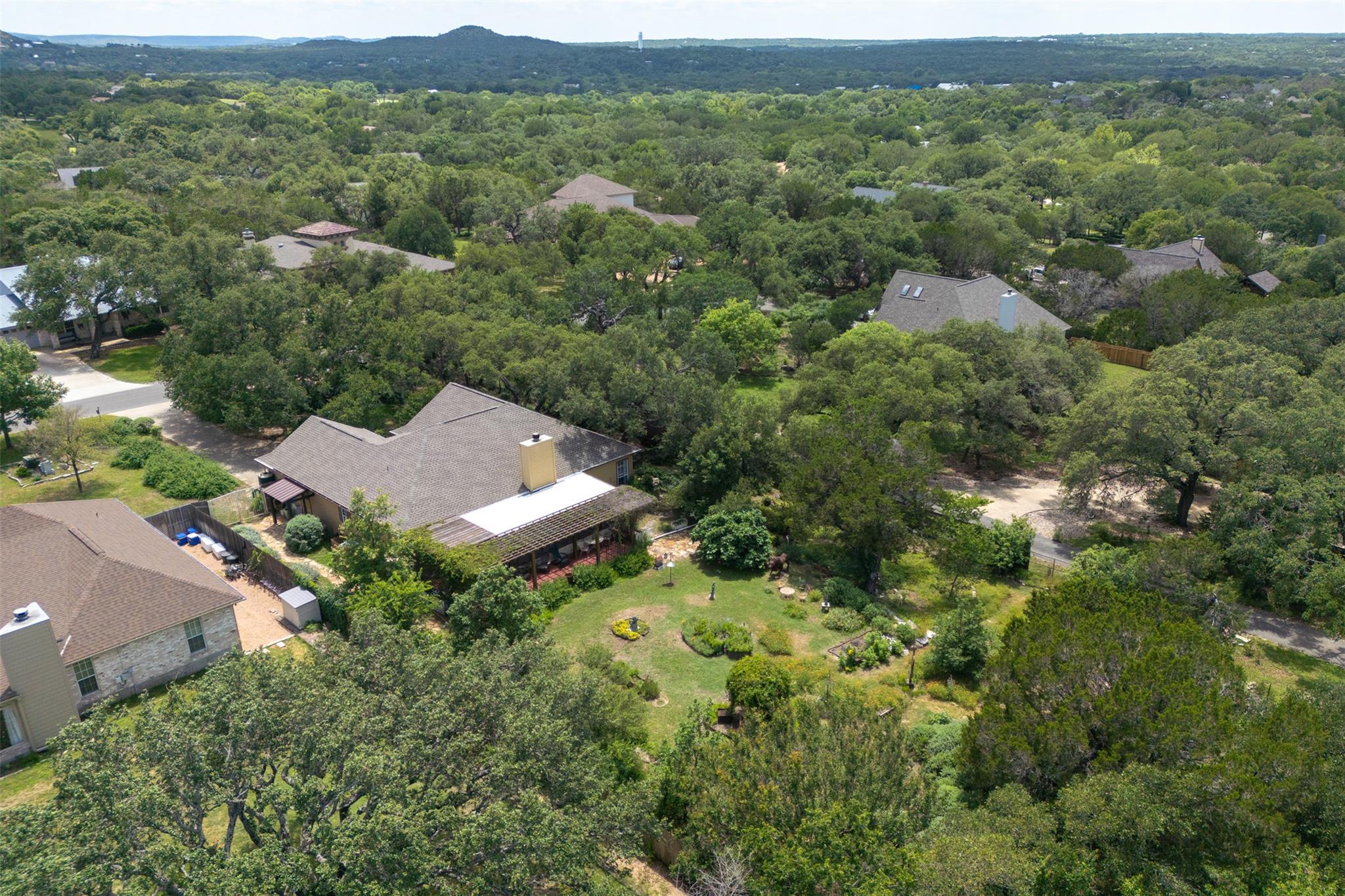 An aerial perspective reveals a private yard oasi